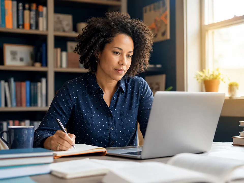 An educator writing an article at her desk